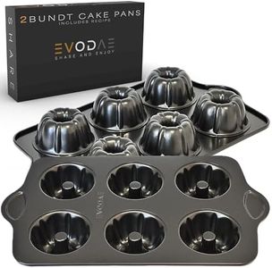 EVODAE Mini Bundt Cake Pans for Baking – Set of 2 – 6 Cups Each (12 Cups Total) – Nonstick Black Carbon Steel – Heavy-Duty & Built to Last – Carefully Packaged in a Clean Black Box – PFOA & PTFE Free