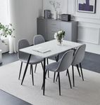 Hallowood Furniture Cullompton Small Dining Table and Chairs Set 4, White Marble Effect Dining Table (120x70cm) and Fabric Chairs with Black Metal Legs, Dining Room Set