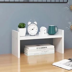 Hbluefat Desktop Organizer Shelf, Small Desk Bookshelf, Wooden Tabletop Mini Bookcase, Modern Mini Display Storage Rack for Home Office (White)