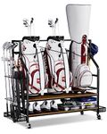 Rackgolfic 3 Golf Bags Storage Organizer - Wooden Golf Bag Stand and Equipment Garage Rack Golf Furniture with Basket Storage Golf Balls, Golf Tee & Extra Golf Clubs Display Rack