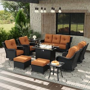 Aeeiua 10 Piece Patio Furniture Set with Fire Pit Table, All-Weather Wicker Outdoor Conversation Set with Swivel Rocking Chair and 6 Inch Thick Cushions