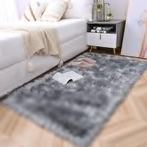 ISEAU Soft Faux Fur Fluffy Area Rug, Luxury Fuzzy Sheepskin Carpet Rugs for Bedroom Living Room, Shaggy Silky Plush Carpet Bedside Rug Floor Mat, 2ft x 4ft, Gray