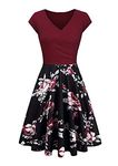 YMING Women's Short Sleeve Dress Slim Fit Knee-Long Dress Swing Dress Floral/Wine Red 3XL