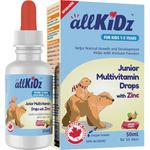 allKiDz Junior Multivitamin Drops with Zinc for Toddlers Kids Children 1-3 Years, Liquid Supplement Vitamin A, B, C, D3 and Zinc for Immune Health, Made with Natural Fruit Juices with No Added Sugar or Sugar Alcohol, 50 mL = 50 Days