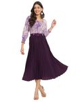 KZULLY | Women A-line Dress with Pleats, has an Square Neck, Printed Top Comes with a Belt Purple