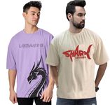 LEOTUDE Mens's Cottonblend Oversized Round Neck T-Shirt(PO2_FS49_Beige_Shark_Prple_Dragon_P_Multi-C128_XL)