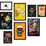 FATMUG Glass Food Quote Posters Framed Wall Paintings (Multicolour, Four A4 and Four A3 Frames) - Set of 8