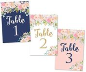 1-25 Navy Blush Floral Table Number Double Sided Signs For Wedding Reception, Restaurant, Birthday Event, Calligraphy Printed Numbered Card Centerpiece Decoration Setting Reusable Frame Stand 4x6 Size