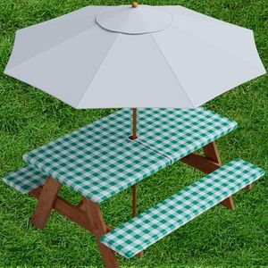 Sorfey Vinyl Umbrella Picnic Table and Bench Fitted Tablecloth Cover, Checkered Design, Flannel Backed Lining, 30x72 Inch, 3-Piece Set, Green