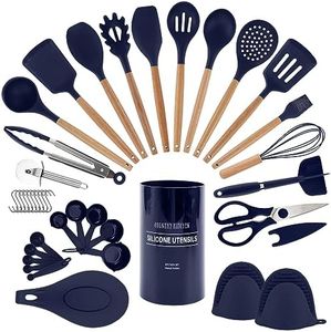 Country Kitchen Non Stick Silicone Utensil Set with Rounded Wood Handles for Cooking and Baking, 38 Piece Set, Navy
