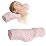 Cervical Neck Pillow for Pain Relief Sleeping, Neck roll Pillow Memory Foam for Stiff Neck Pain Relief ，Travel Bolster Pillow for Bed for Side Sleepers Back Sleeper. (Pink)