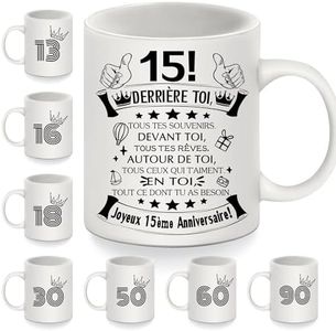 Cadeau 15e anniversaire Tasses pour 15 ans Filles Garçons 15e anniversaire Tasse à café Derrière toi tous tes souvenirs Fille Fils Sœur Petite-fille Cadeau d'inspiration pour l'anniversaire(15-a)