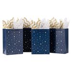 SHIPKEY 10 Pack Navy Blue Gift Bags with Tissue Paper, Blue Gift Bags with Gold Foil Stars, Gift Bags for Men, Groomsmen Gift Bags 8x4x11inch Kraft Paper Bags with Handles Bulk