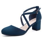 Greatonu Womens Court Shoes Mid Heel Chunky Dress Sandals Ladies Ankle Strap Wedding Party Pumps Blue Size 6