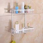 Tagve Adhesive Bathroom Shelves,Aluminium 2 Tier Shower Shelf Caddy Storage Organizer Wall Mounted Shelf Basket Shower Caddy Rack with 2 Hanging Hooks (Silver)