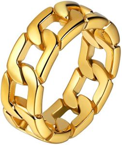 U7 Gold Ring Men Cuban Link Chain Ring Size 11 Stainless Steel Rings Gift