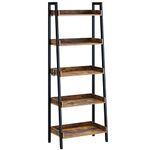 Rolanstar Ladder Shelf, 5-Tier Ladder Bookshelf with 3 Hooks, Industrial Bookcases, Utility Organizer Shelves, Freestanding Display Plant Shelves with Metal Frame for Living Room, Rustic Brown