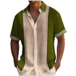 Men's Linen Shirts Vintage Colorblock Short Sleeve Men Plus Size Button Down Tshirt Summer Hawaiian Beach Tops Casual, Green, Large