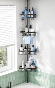 Corner Shower Caddy Tension Pole: Adjustable Rustproof 4-Tier Inside Bathroom Organizer - 47-121 inch Quick Installation Bathtub Shelves for Shampoo Storage - Rod Floor Standing Bath Rack - Black