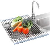 Roll Up Dish Drying Rack, Over The Sink Dish Drying Rack, Kitchen Rolling Dish Drainer, Foldable Sink Rack Mat Stainless Steel Wire Dish Drying Rack for Kitchen Sink Counter Cups Vegetables Fruits