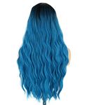 Topcosplay Women's Long Wavy Wig with Dark Roots Natural Looking Ombre Synthetic Wig for Cosplay Daily Use (Blue)