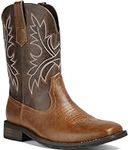 Lumeheel Cowboy Boots for Men - Western Men's Boots with Classic Embroidered, Slip on Square Toe Boots, Slip Resistant Country Boots Chunky Heel Ankle, Durable Short Brown Boots for Spring Fall