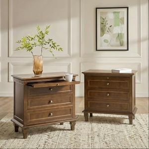 HULALA HOME Farmhouse 3 Drawer End Table with Charging Station, 2PK Walnut
