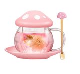 Rain House Cute Cups Mushroom Tea Cup with Tea Infuser and Spoon, Kawaii Mushroom Mugs, Glass Teacups with Ceramic Lid and Coaster, Perfect for Girls Women for Home and Office Use, 290ML/9.6oz (Pink)