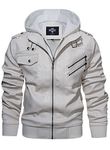 Hood Crew Men’s Stand Collar PU Faux Leather Zipper Motorcycle Bomber Jacket With a Removable Hood White M