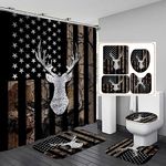 Jayden Madge 4PCS Camo Shower Curtain Set, Vintage Black and White American Flag Woodland Elk Moose Bear Wildlife Animal Hunting Lodge Rustic Cabin Country Bathroom Decor, Non-slip Bath Mat, Deer Head