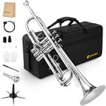 Vangoa Bb Trumpet Standard Brass Silver Trumpet for Beginners Students with Hard Case, Stand, 7C Mouthpiece, Gloves, Valve Oil and Cleaning Kit