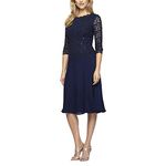 Alex Evenings Women's Tea Length Sequin Mock Dress (Petite and Regular), Navy, 14