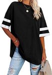 Fisoew Womens Oversized Tees Loose T Shirts Half Sleeve Crew Neck Color Block Cotton Tunic Tops, Black, X-Large