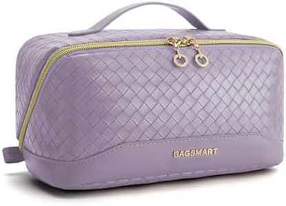 BAGSMART Makeup Bag Cosmetic Bag, Travel Makeup Bag, PU leather Makeup Bags for Women Portable Water-resistent Pouch Open Flat Make Up Organizer Bag for Toiletries, Brushes, PU Leather Purple