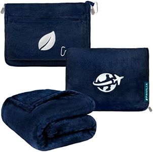 PAVILIA Travel Blanket and Pillow Set, Airplane Blanket Compact 2-in-1 Soft Bag, Travel Essentials for Adult Flight, Portable Throw with Arm Hole, Plane Car Traveling Gift Accessories, Navy Blue