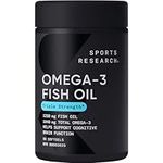 Sports Research Triple Strength Omega 3 Fish Oil - Burpless Fish Oil Supplement w/EPA & DHA Fatty Acids from Wild Alaskan Pollock - Heart, Brain & Immune Support for Men & Women - 1250 mg, 90 ct