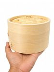 Natural Bamboo Steamer Basket 6 Inch | Wooden Momos Maker, Dumpling & Veg Steam Cooker with Lid | Compact Kitchen Steamer