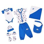 LuvLap Newborn Baby Garment Gift Set, Pack of 8, White Blue All over Print, short-sleeve Jhabla, Pyjama,half-sleeve onesie, Cotton Bib, Cap, a pair of Booties, a pair of Mittens & 1 Hooded towel