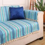 STITCHNEST Woven 2 Seater Sofa Protector with 2 Hand Rest Covers – Blue & White Stripe Design – Washable Fabric with Tassels – Stylish Sofa Cover for Modern Living Room & Furniture Décor