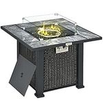 Outsunny Outdoor PE Rattan Gas Fire Pit Table, Patio Square Propane Heater with Marble Desktop, Rain Cover, Glass Windscreen, and Glass Stones, 50,000 BTU, Black