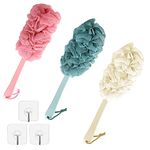 3 Pack Loofah Body Bath Brush with Long Handle Shower with Bristles Loofah Scrubber Exfoliating, Mesh Pouf Body Flower Bath Brush Pink White and Blue with 3 Hooks