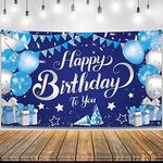 KatchOn, Silver and Blue Happy Birthday Backdrop - XtraLarge, 72x44 Inch | Happy Birthday Banner for Men | Blue Birthday Banner, Happy Birthday Decorations for Men | Blue Birthday Backdrop for Girls