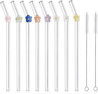 Glass Straws 8Pcs Reusable Straws, Cute Colorful Flower Glass Straw with 2 Cleaning Brushes for Smoothies Milkshakes Juices Teas, Shatter Resistant, Dishwasher Safe