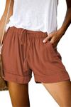 comefohome Shorts Womens UK Summer Drawstring Cotton Elastic Waist Solid Color Casual Shorts with Pockets HS Brown M