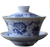 vv8oo Gaiwan Blue White Peony Gongfu Tea Ceramic Tureen Teacup Sancai Cover Bowl Lip Saucer Set for Coffee Tea Espresso (10 oz /300cc)