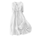 Lightning Deals of Today Linen Dress for Women Bohemian Summer Dress 3/4 Sleeve Plain Floral A Line Dresses Maxi Button Up Dress with Belt Robe Longue En Coton White