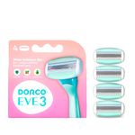 Dorco EVE 3 Razors for Women for Quick & Easy Shaving with Aloe Vera Moisture Bar (No Handle,4 Pcs Razor Blade Refills)3 Curved Blades, Interchangeable Cartridge for Sensitive Skin 4 Cartridges Only.