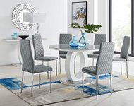 Furniturebox UK Giovani Modern Stylish Grey/White High Gloss and Glass Large Round Dining Table and 4/6 Contemporary Milan Chairs Set (Dining Table + Grey Milan Chairs, 6 Chairs)