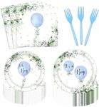 96 Pcs Oh Boy Watercolor Blue Balloon Party Decorations Supplies Greenery Boy Baby Shower Party Tableware Set Botanical Eucalyptus Baby Shower Party Plates Napkins Forks for 24 Guests