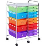 Yaheetech 15 Drawers Plastic Storage Cart, Multipurpose Mobile Organizer Unit with 4 Lockable Wheels, Utility Rolling Trolley for Home Office School Salon & Beauty, Multicolor